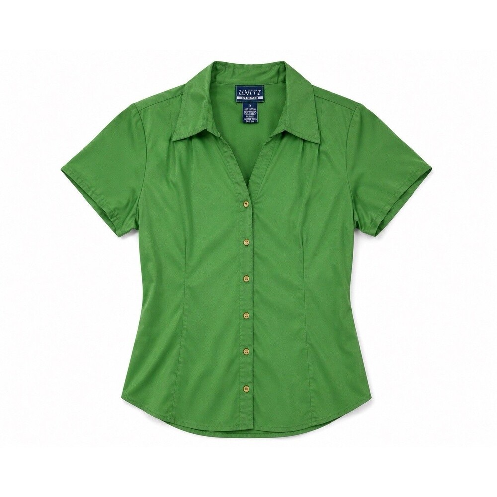 Uniti Shirt Women's 1X Green Short Sleeve Button Front Stretch Collared Top